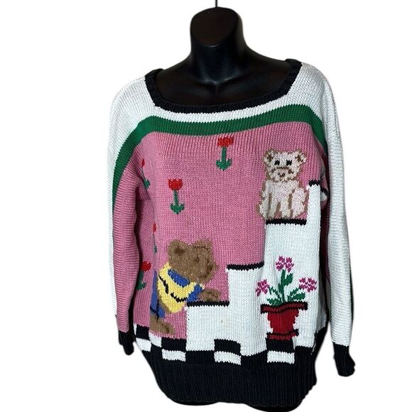 Vintage hand knit berek chunky knit sweater novelty bears on stairs - Picture 1 of 5